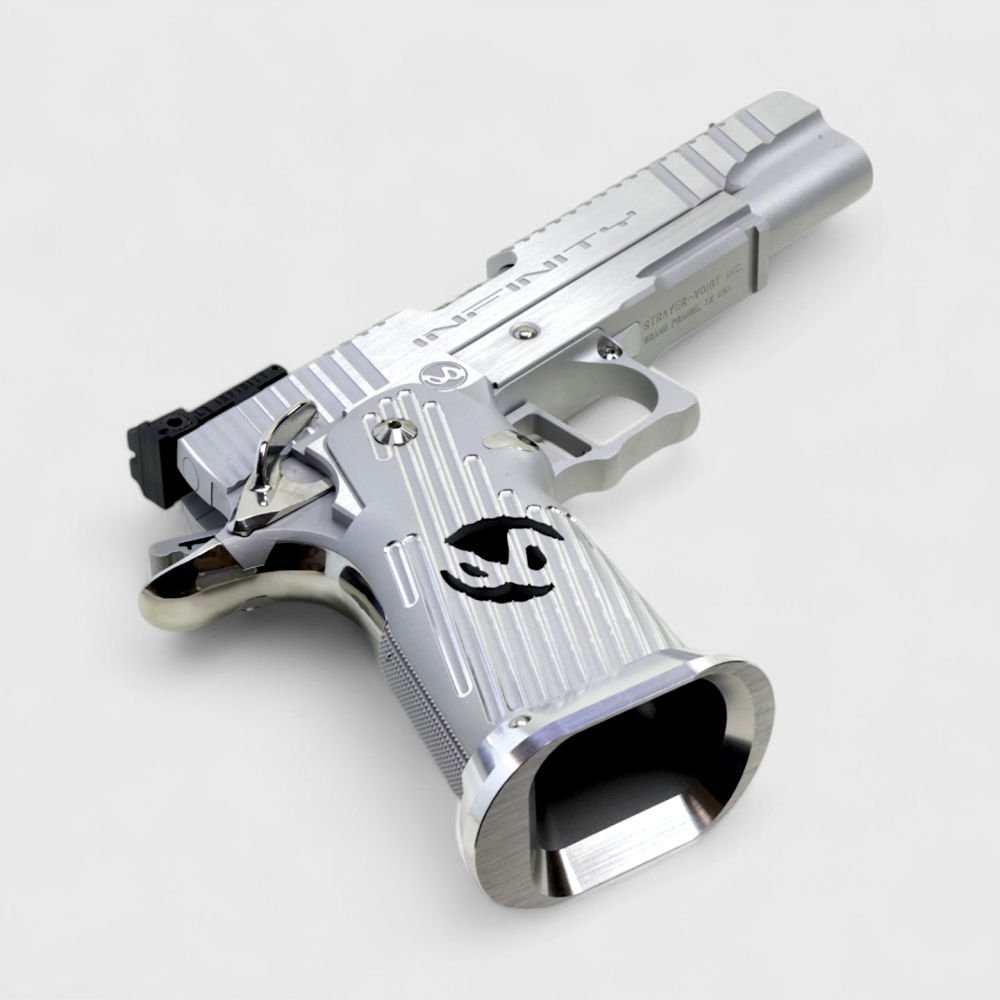 Overview of Infinity Retro Performance 5.1 Silver Custom Airsoft Pistol with Sight Tracker by Gunsmith Bros